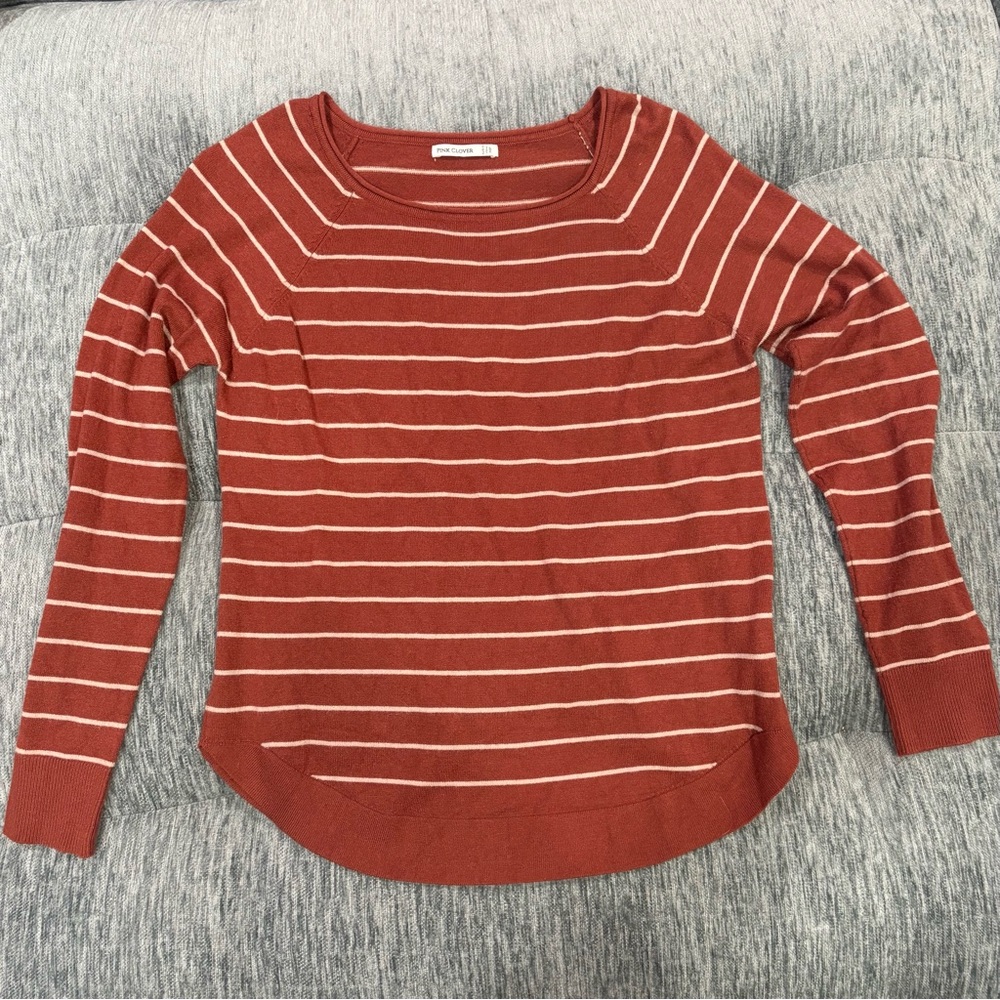 Rolled Neckline Rust and Cream Striped Top